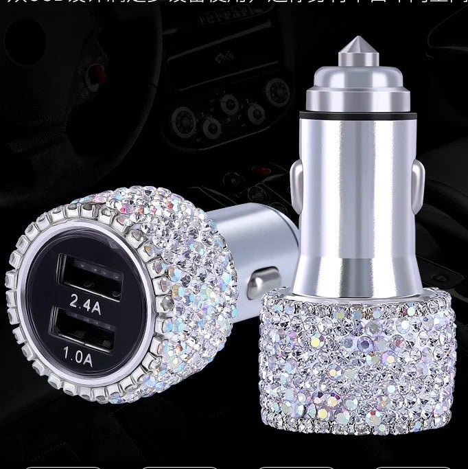 Bluejw Crystal Diamond Rhinestone Car Charger: 2 USB Fast Charge, 3-in-1 Alloy Data Cable for Auto/Home/Phone - Cigarette Lighter Adapter - Image 1